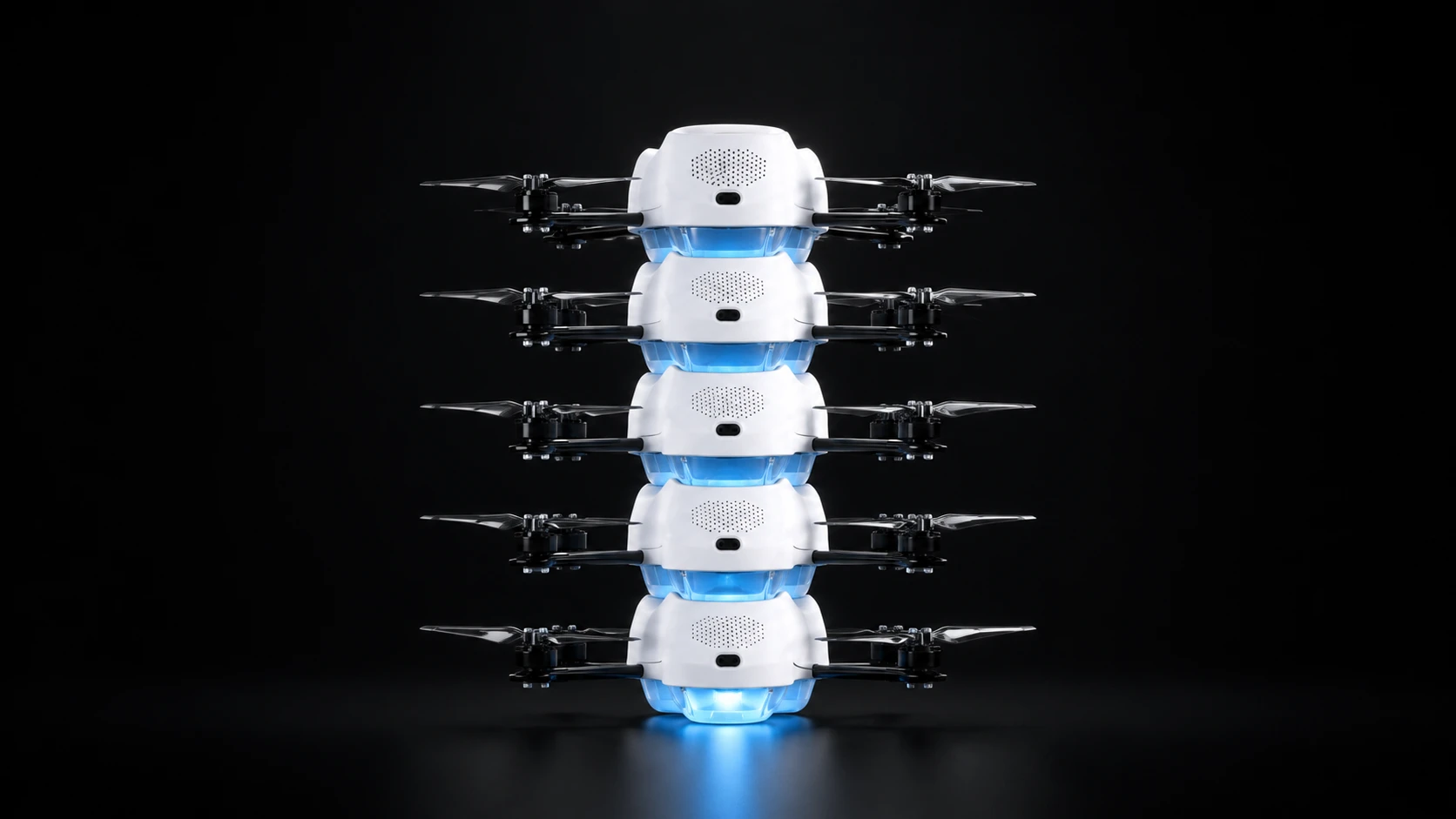 Five Starbound Spectra drones stacked for transport